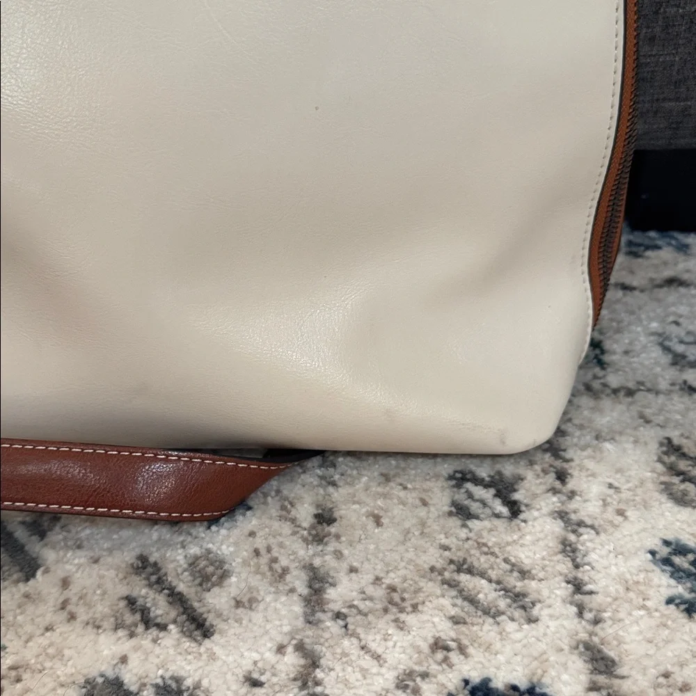 Cluci Leather Briefcase Tote Laptop Bag Brown Cream Work Satchel Structured